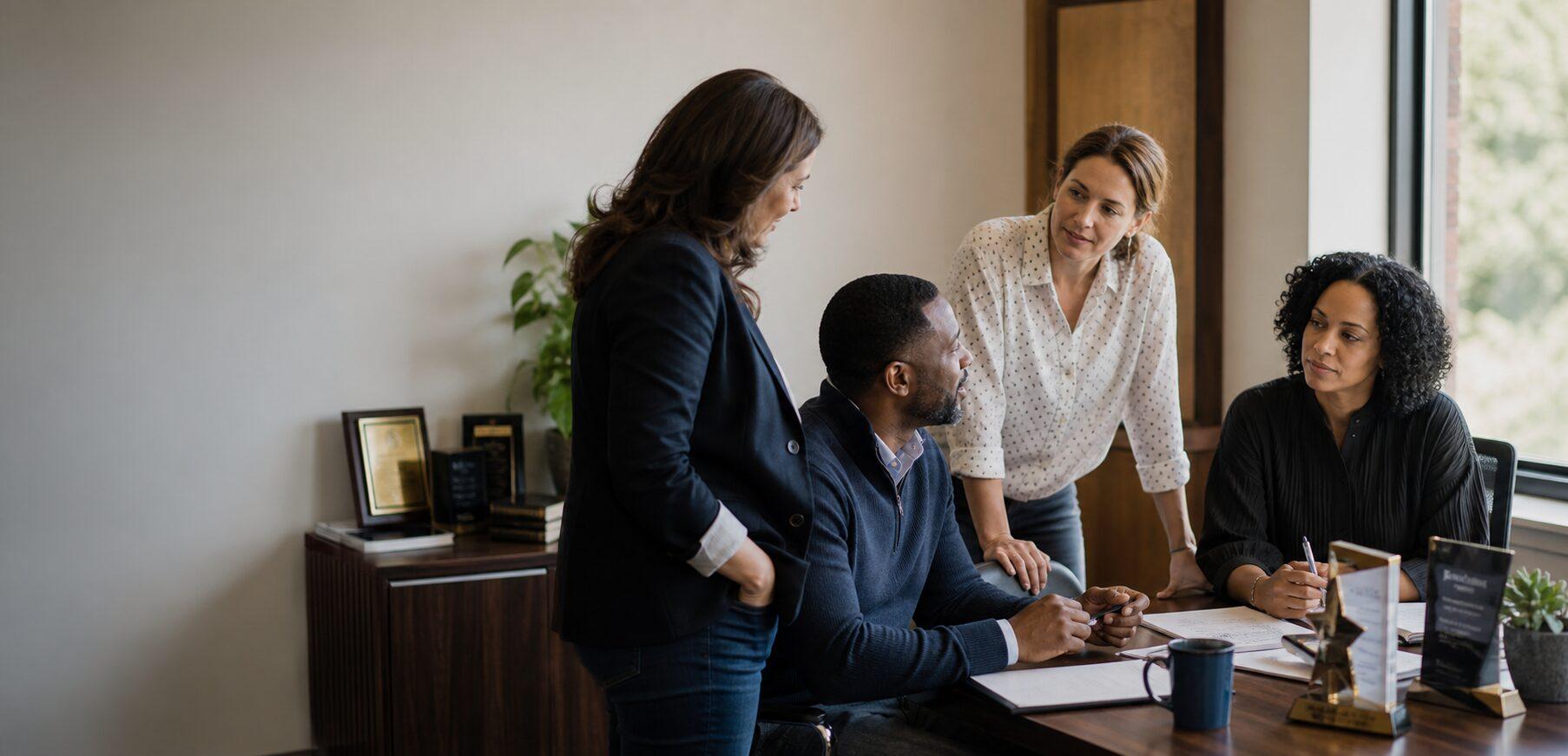 A team in a warm office discussing employee recognition work.
