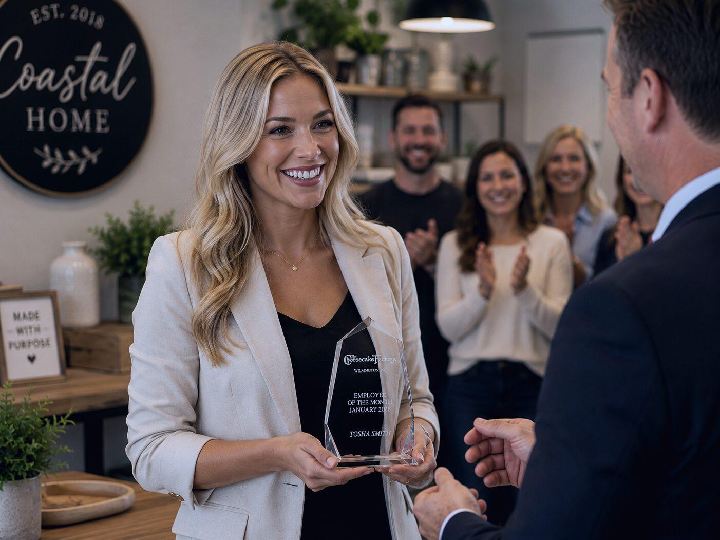 A workplace employee receiving a recognition award.
