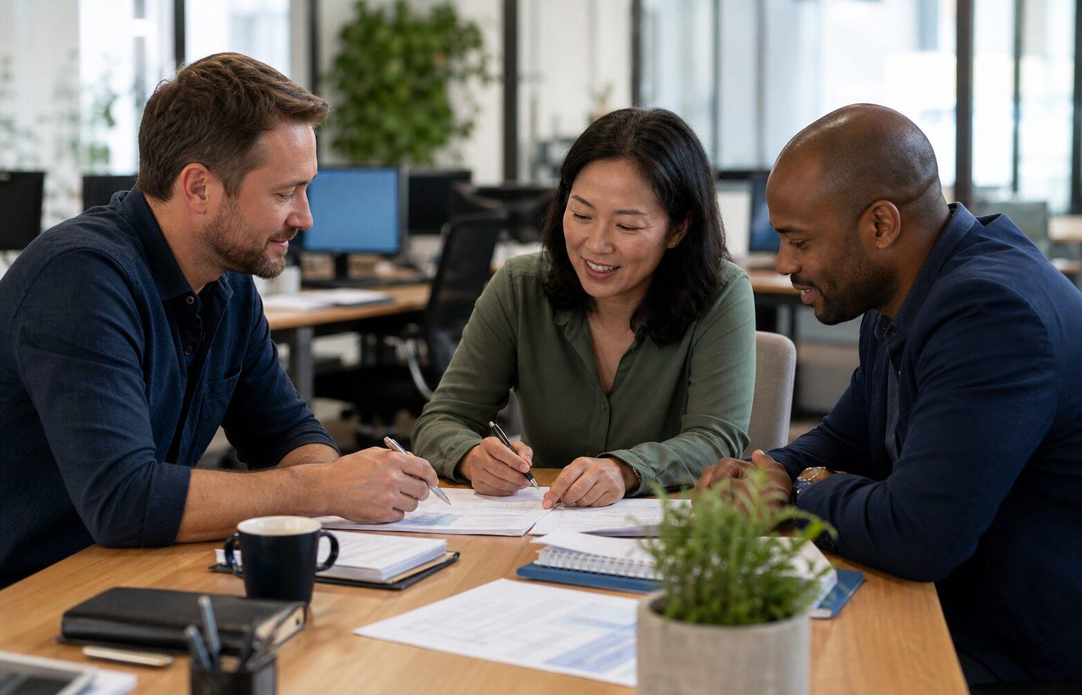 Coworkers reviewing customer notes together in an office.